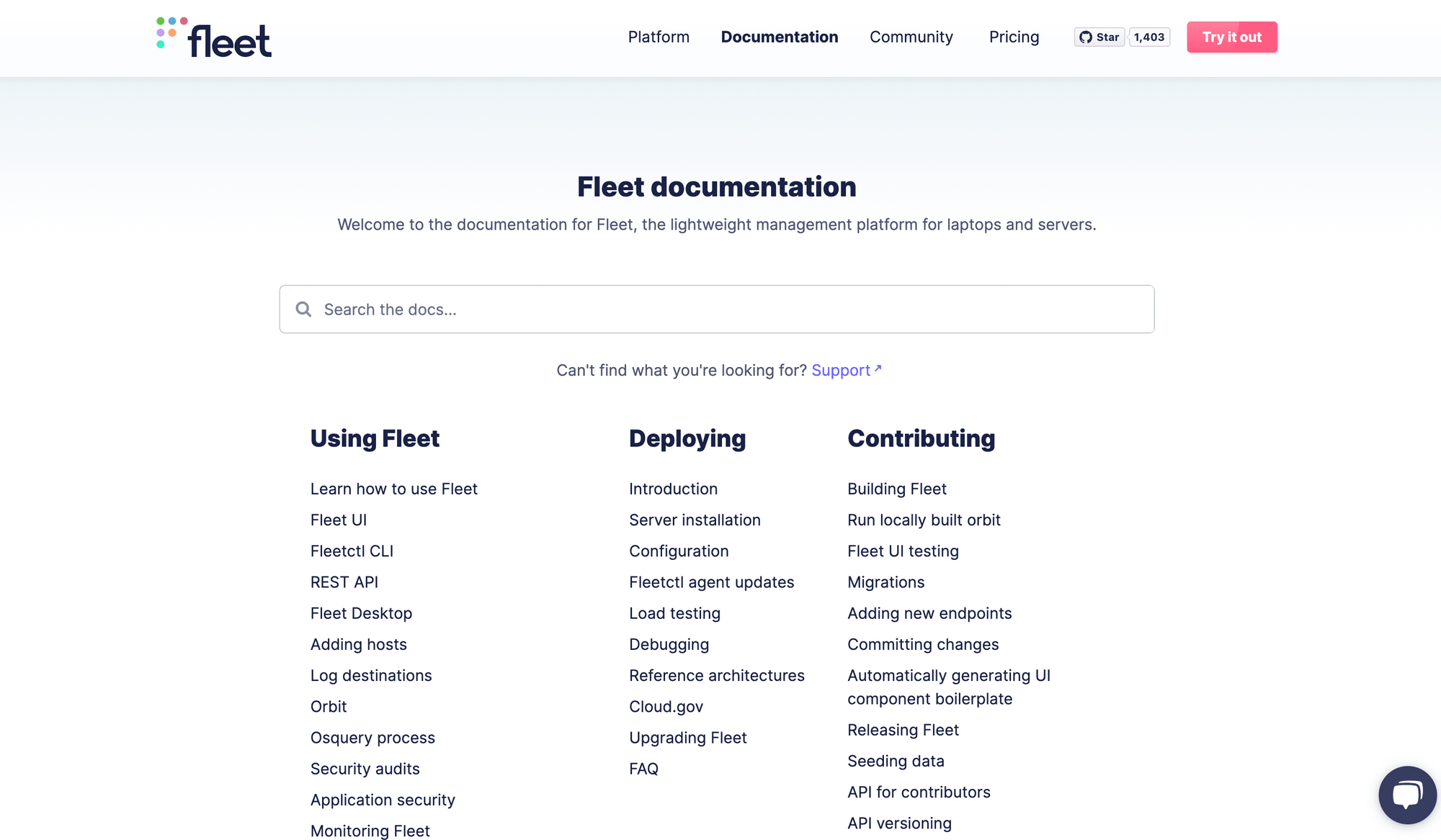 The Fleet documentation home page, with a search bar and links organised into three task-based columns: Using Fleet, Deploying, and Contributing.
