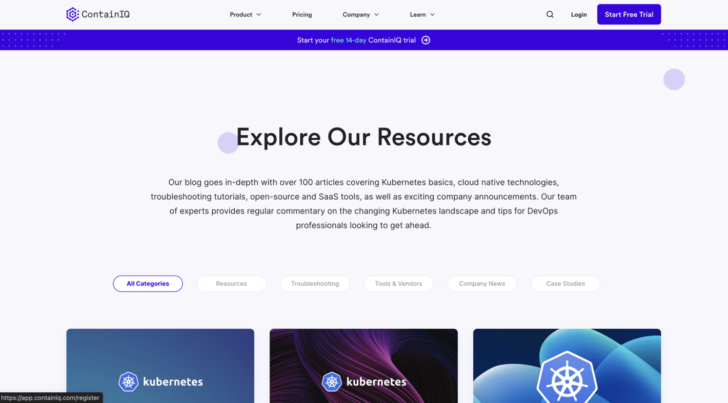 The ContainIQ blog's "Explore Our Resources" page, describing over 100 articles on Kubernetes basics, cloud native technologies, troubleshooting tutorials, and open-source and SaaS tools, with category filters and Kubernetes-themed article cards.