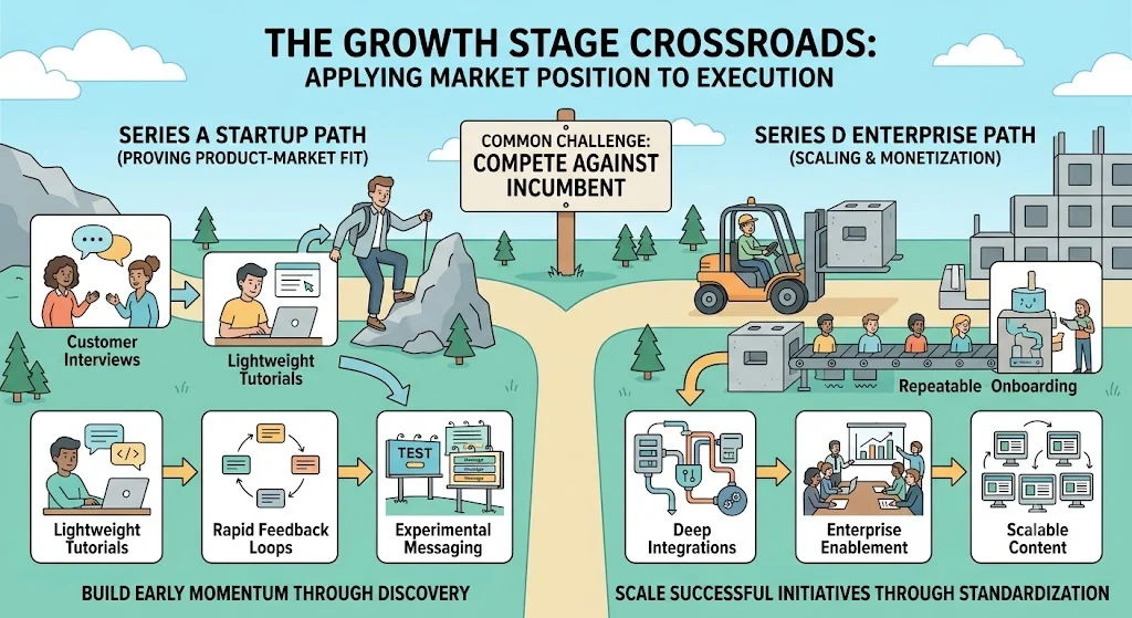 Two challenger paths at a crossroads: the Series A startup path built on customer interviews, lightweight tutorials, rapid feedback loops, and experimental messaging, versus the Series D enterprise path built on repeatable onboarding, deep integrations, enterprise enablement, and scalable content